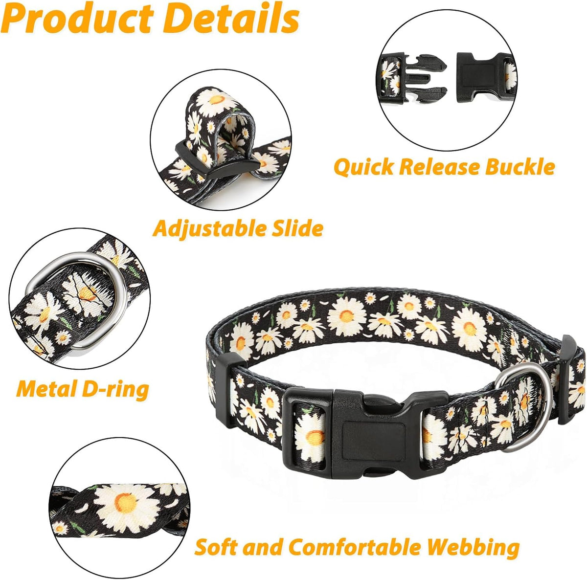 Dog Collar Small Dog Collar Multi-Colour Patterned Soft Comfy Dog Pet Collars Easy Adjustable Collar for Small Dogs Indoor Outdoor Activities, Daisy Black, S