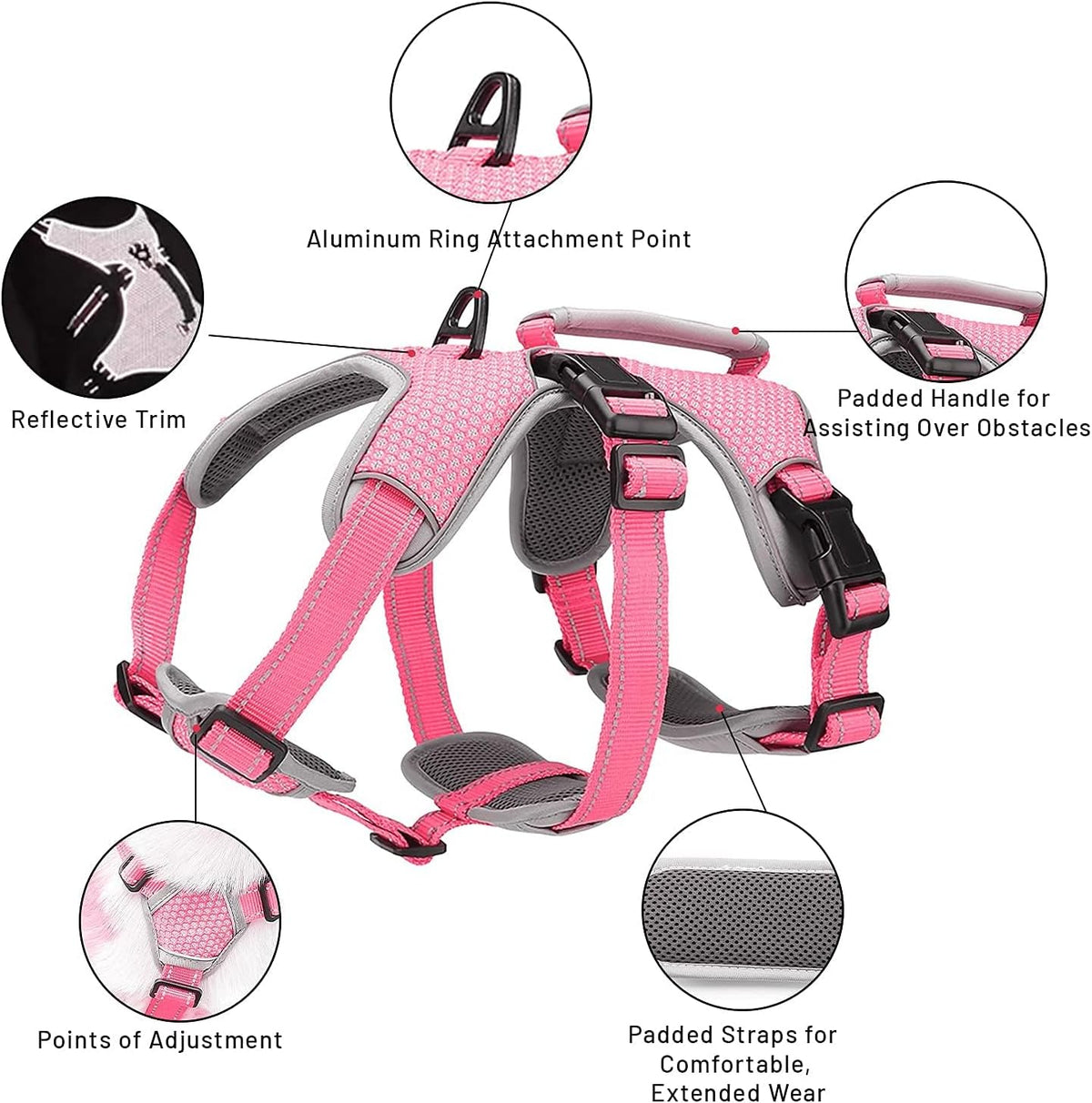 Multi-Use Support Dog Harness, Escape Proof No Pull Reflective Adjustable Vest with Durable Handle, Dog Walking Harness for Big/Active Dogs (Pink, M)