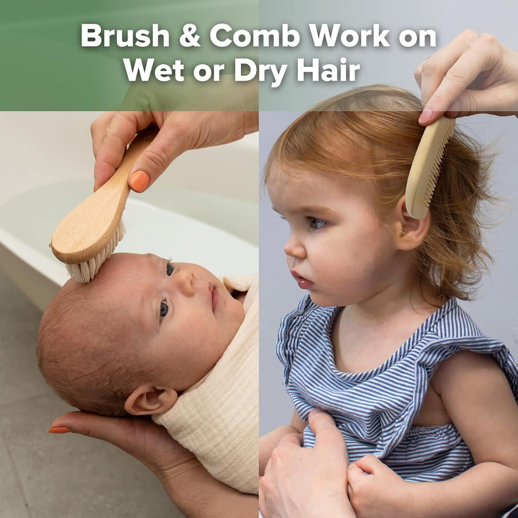 Baby Hair Brush and Comb Set for Newborns & Toddlers - Natural Soft Wool Bristles and Wooden Handle, Gently Grooms Baby'S Hair, Ideal for Cradle Cap, Perfect Baby Gift, 2Pk