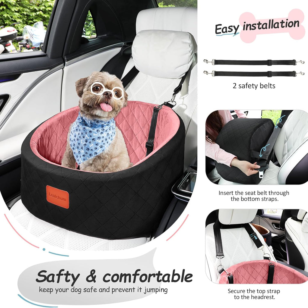 Dog Car Seat for Small Dogs,Comfy Pet Travel Car Bed with 2 Clip-On Leashes,Fully Removable & Washable,Non-Slip Base with Seatbelt Channle, Easy to Install (Black/Pink, Small)