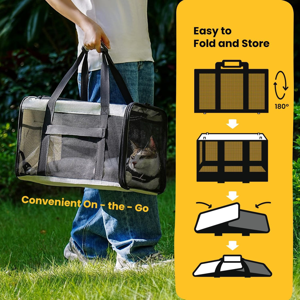 Dog Carrier Bag,Soft-Sided Pet Carriers for Dogs with 4-Sided Mesh, Cat Transport for Large Cats Small Dog up to 9Kg,Collapsible Dat Travel Carrier-L,Grey