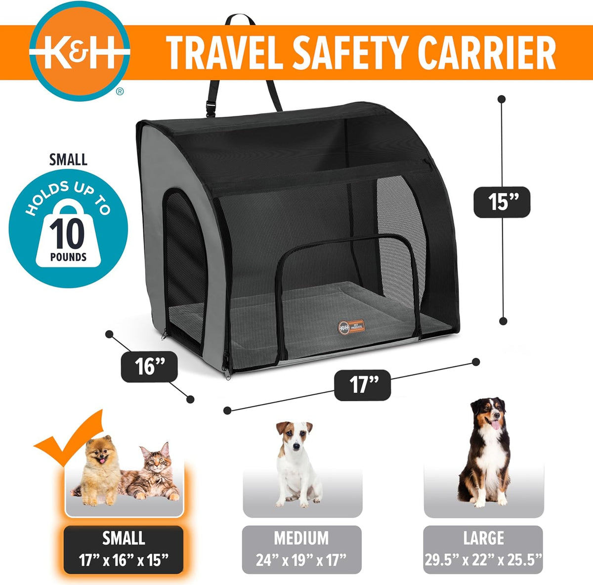 Pet Products Travel Safety Carrier for Pets, Dog Crate for Car Travel, Soft-Sided Carrier for Cats and Small Dogs, Portable Car Seat Kennel, Gray/Black Small 17 X 16 X 15 Inches