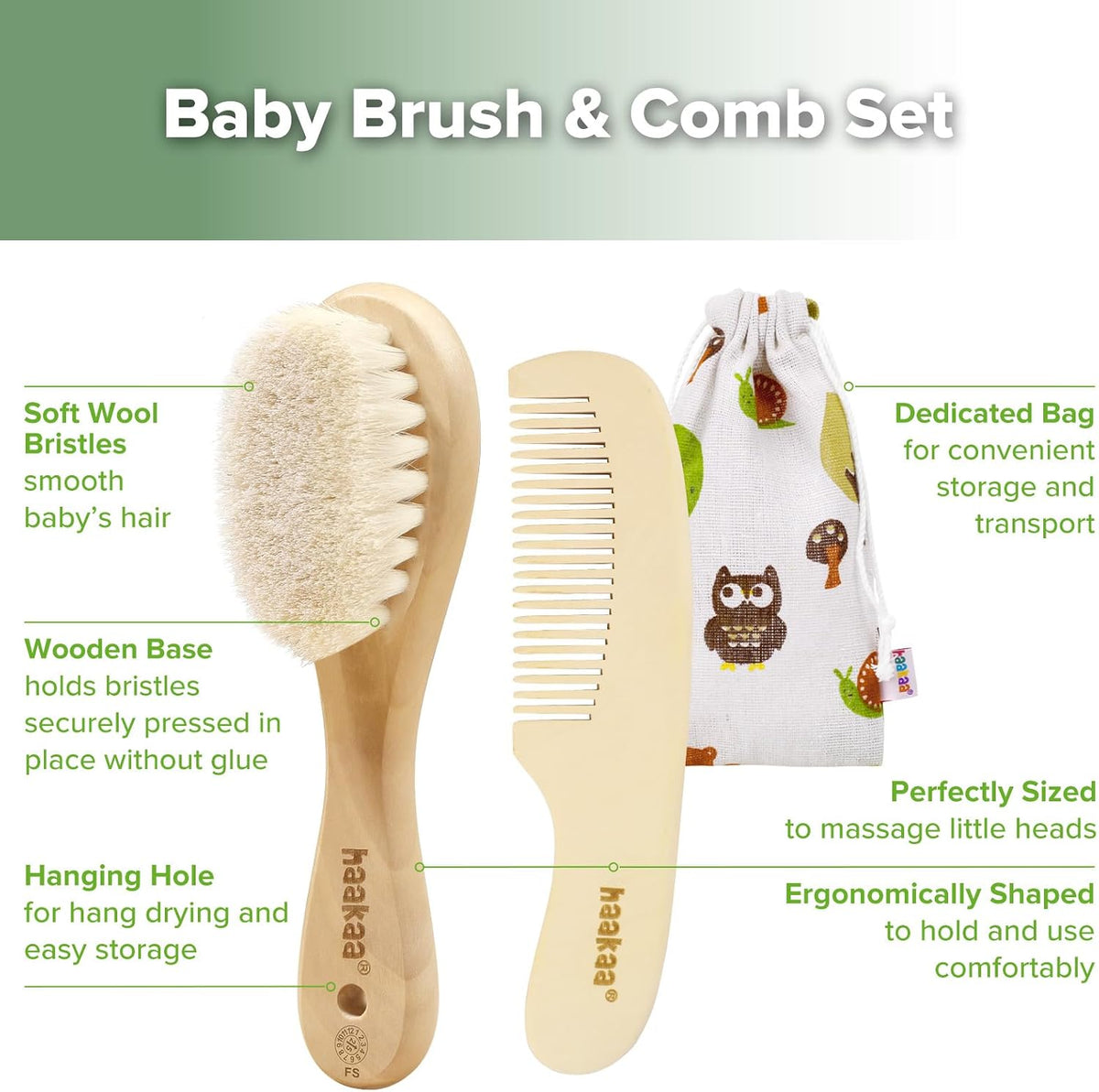 Baby Hair Brush and Comb Set for Newborns & Toddlers - Natural Soft Wool Bristles and Wooden Handle, Gently Grooms Baby'S Hair, Ideal for Cradle Cap, Perfect Baby Gift, 2Pk