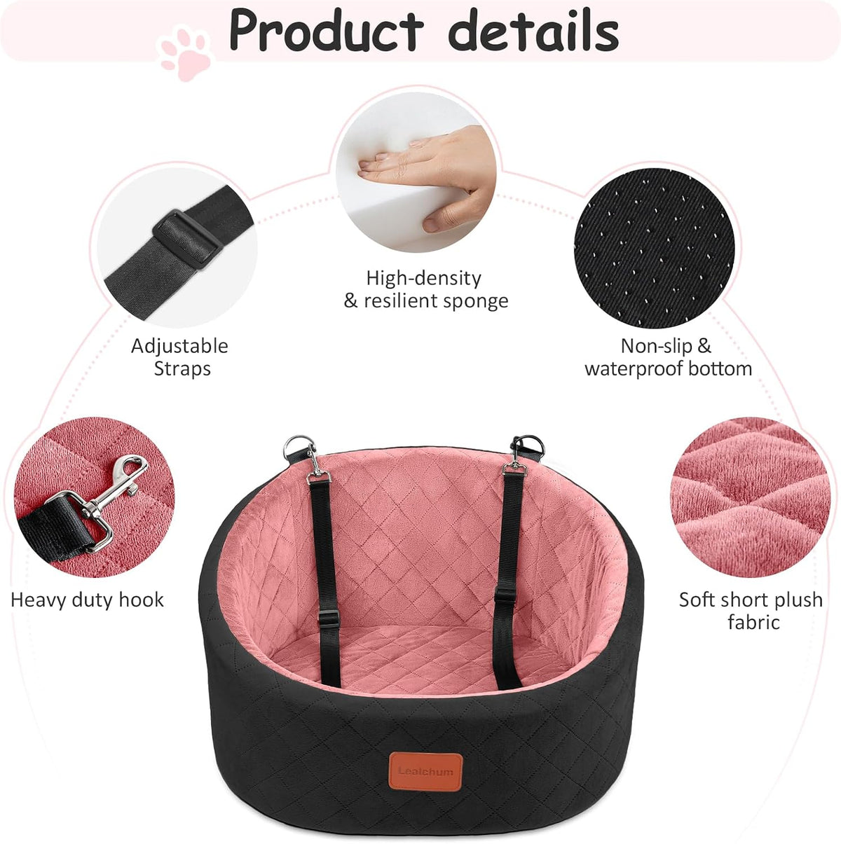 Dog Car Seat for Small Dogs,Comfy Pet Travel Car Bed with 2 Clip-On Leashes,Fully Removable & Washable,Non-Slip Base with Seatbelt Channle, Easy to Install (Black/Pink, Small)