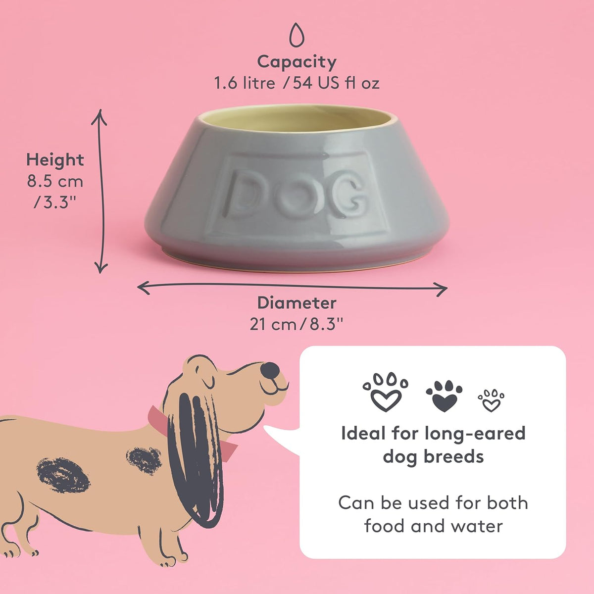 Grey Non Tip Dog Bowl 21 Cm Ceramic Dog Feeding Bowl for Food & Water, Non Slip & anti Spill Pet Bowl, Dishwasher & Freezer Safe