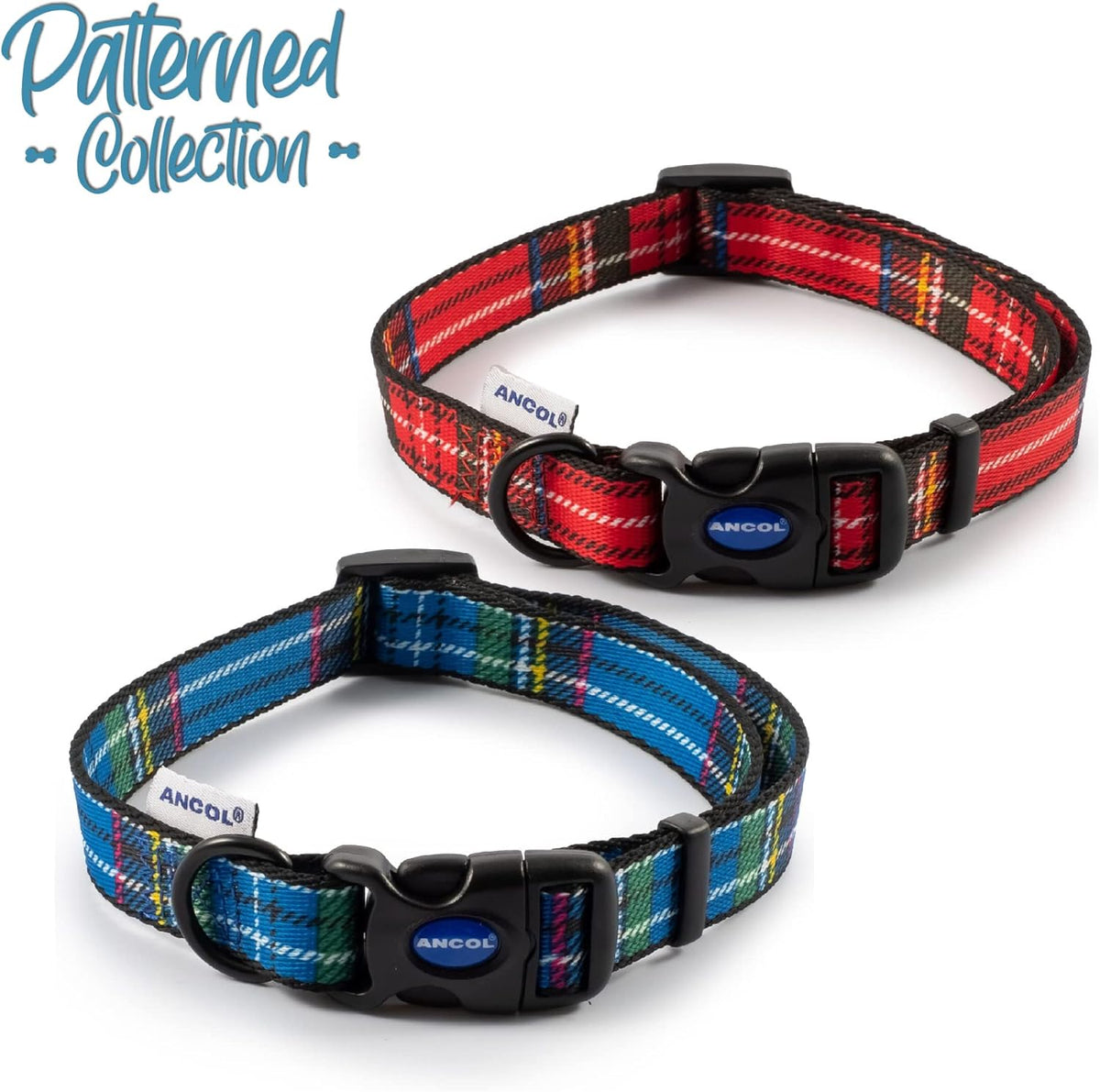 Dog Collar - Blue Tartan Design - Super Soft Printed Polyester Adjustable Collar with High Quality Fixings - 30-50Cm