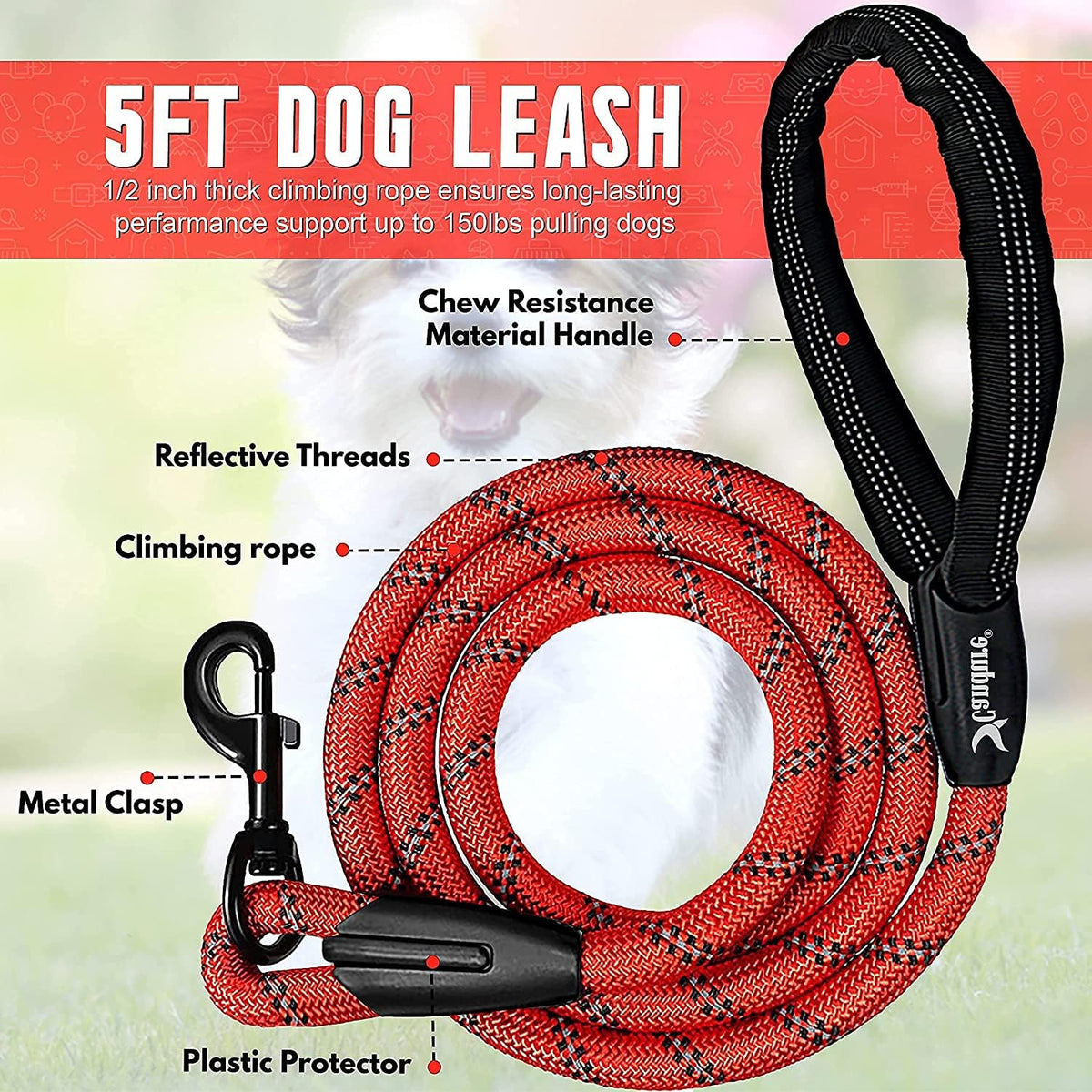 Dog Lead with Soft Padded and anti Slip Comfortable Rope Handle, 5 FT Strong Dog Leads, Highly Reflective Dog Leash for Puppy, Medium and Large Dogs (Red)