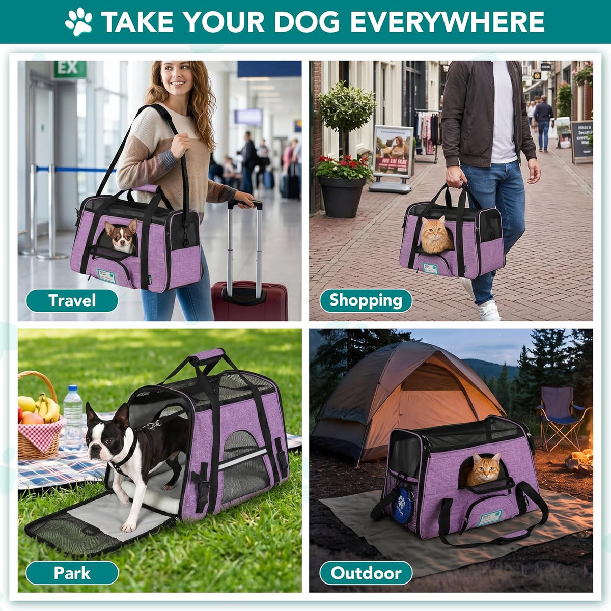 Airline Approved Pet Carrier for Cat, Soft Sided Dog Carrier for Small Dog, Cat Travel Supply Accessories Indoor Cat, Ventilated Pet Carrying Bag Medium Large Kitten Puppy, Small Heather Purple