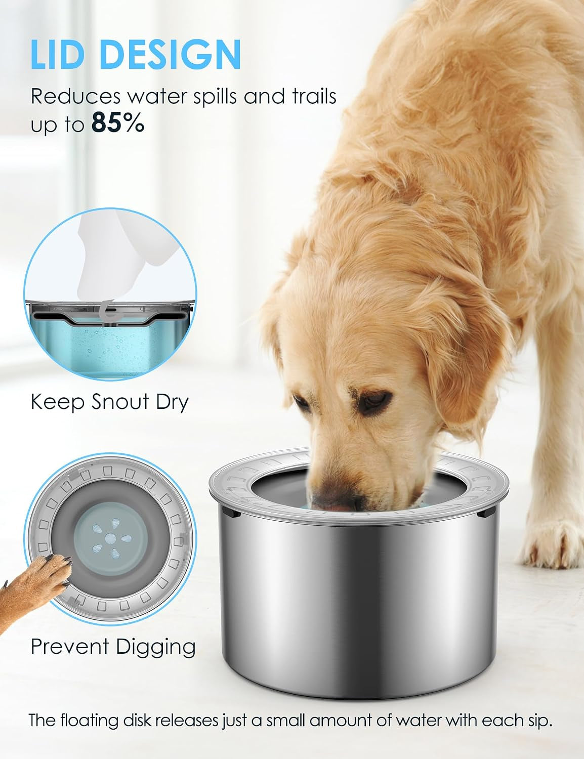 10L Large Dog Water Bowl No Spill,【Anti Digging Lid & Rubber Bottom】Spill Proof Dog Bowl, anti Splash Mess Dripless Slow Drinking Stainless Steel Water for Sloppy Messy Drinkers Car