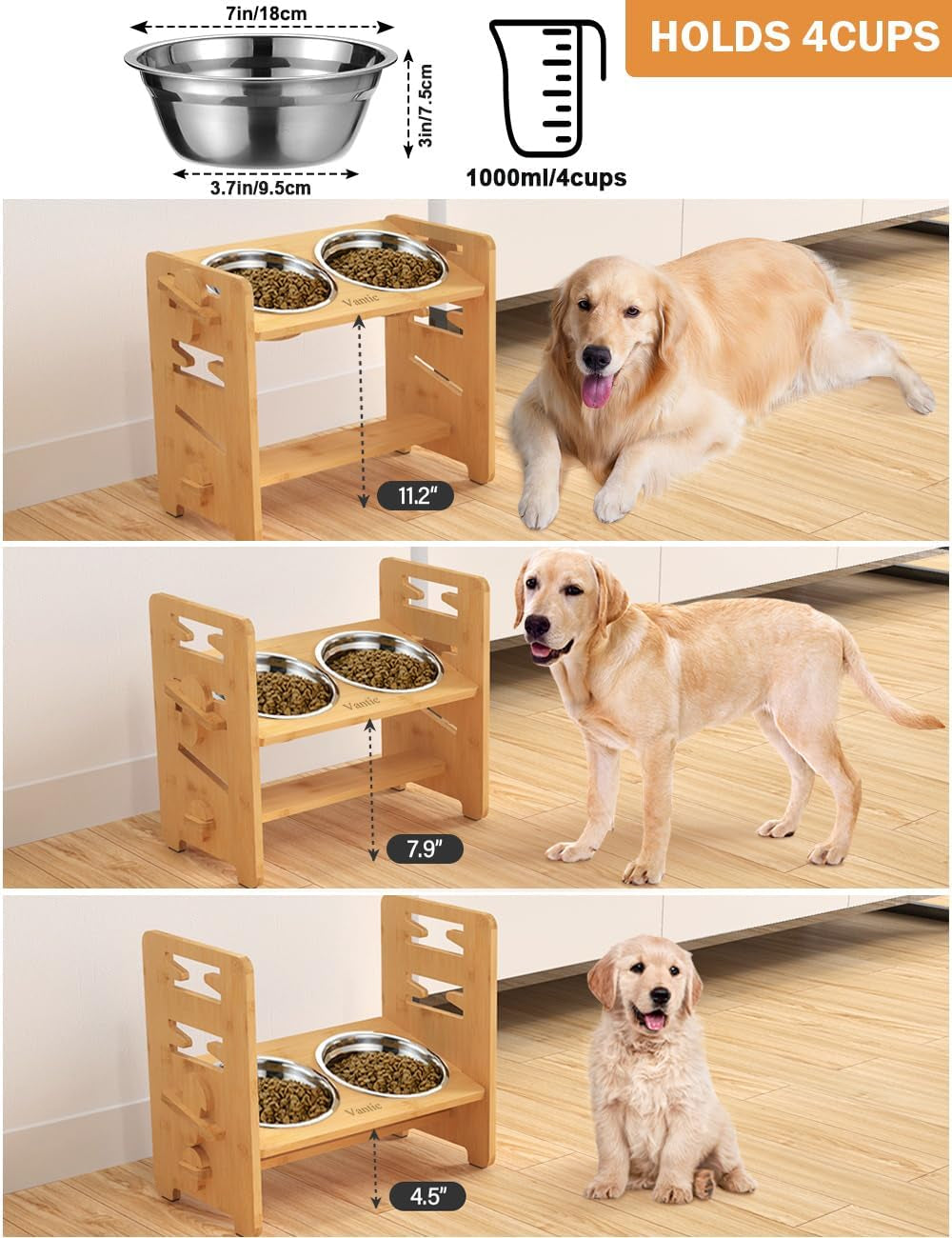 Raised Dog Bowls with Stand, Adjustable Bamboo Feeder, Medium