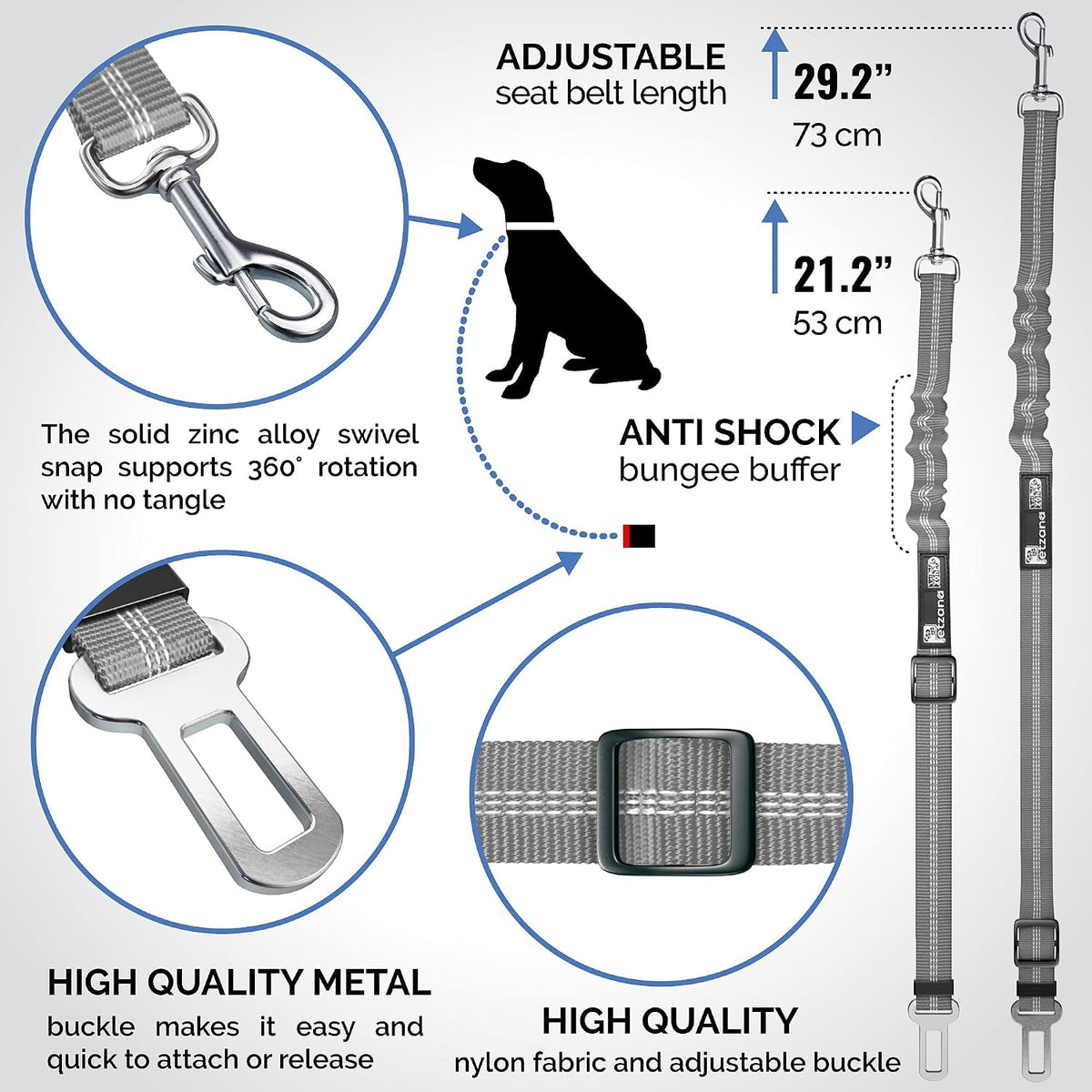 Dog Seat Belt for Car - Adjustable Dog Car Safety Harness, Elastic anti Shock Dog Seat Belt. (Grey)
