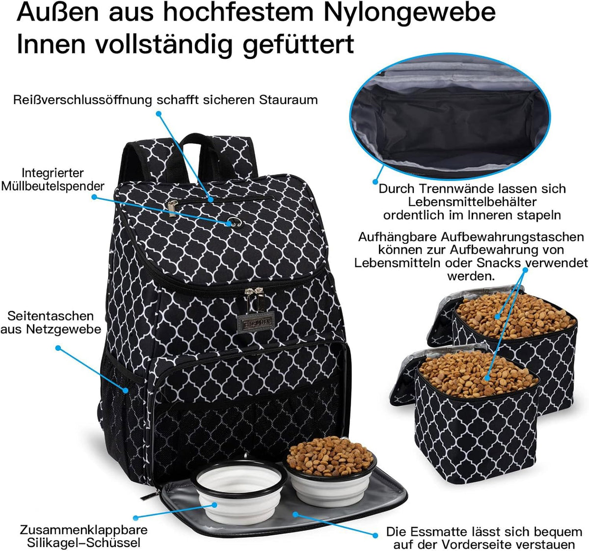 丨Dog Travel Bag, Airline Approved Pet Supplies Backpack, Dog Travel Backpack with 2 Silicone Collapsible Bowls and 2 Food Baskets