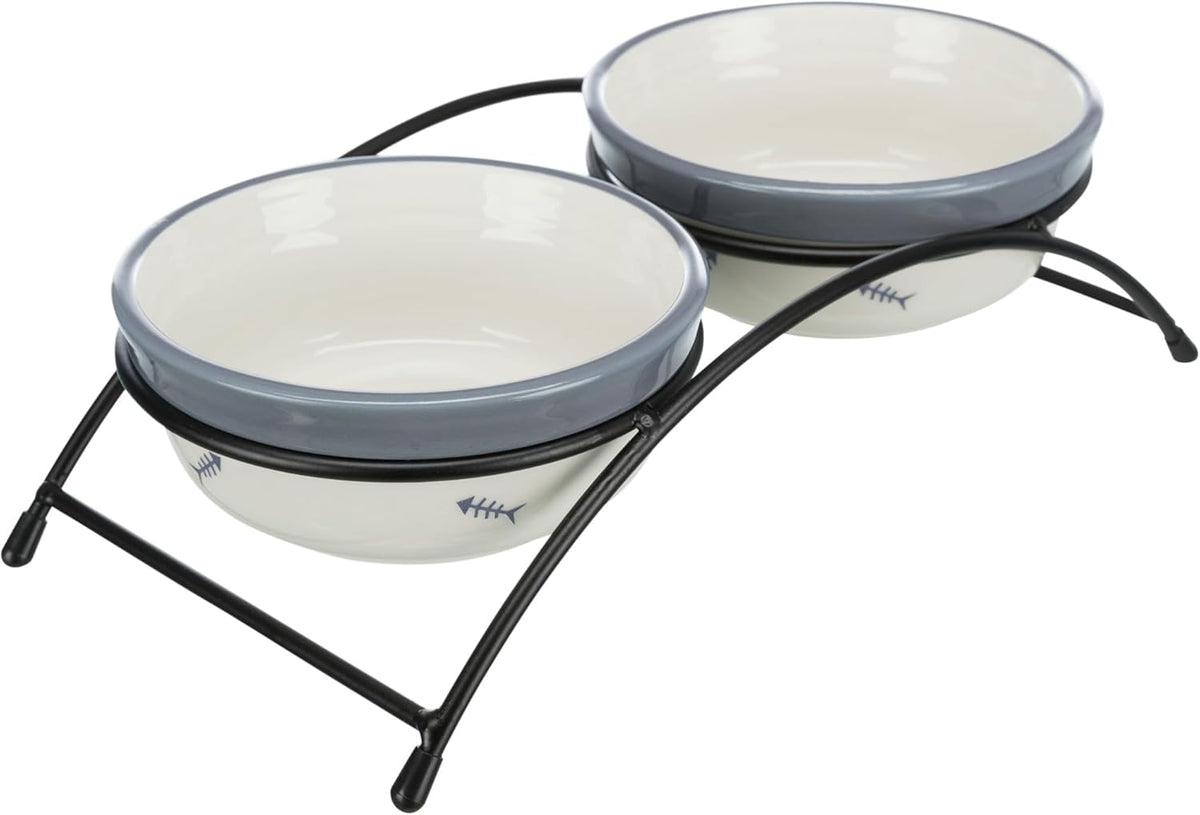 Eat on Feet Two Ceramic Bowl Set for Dog, Red/Black/Cream