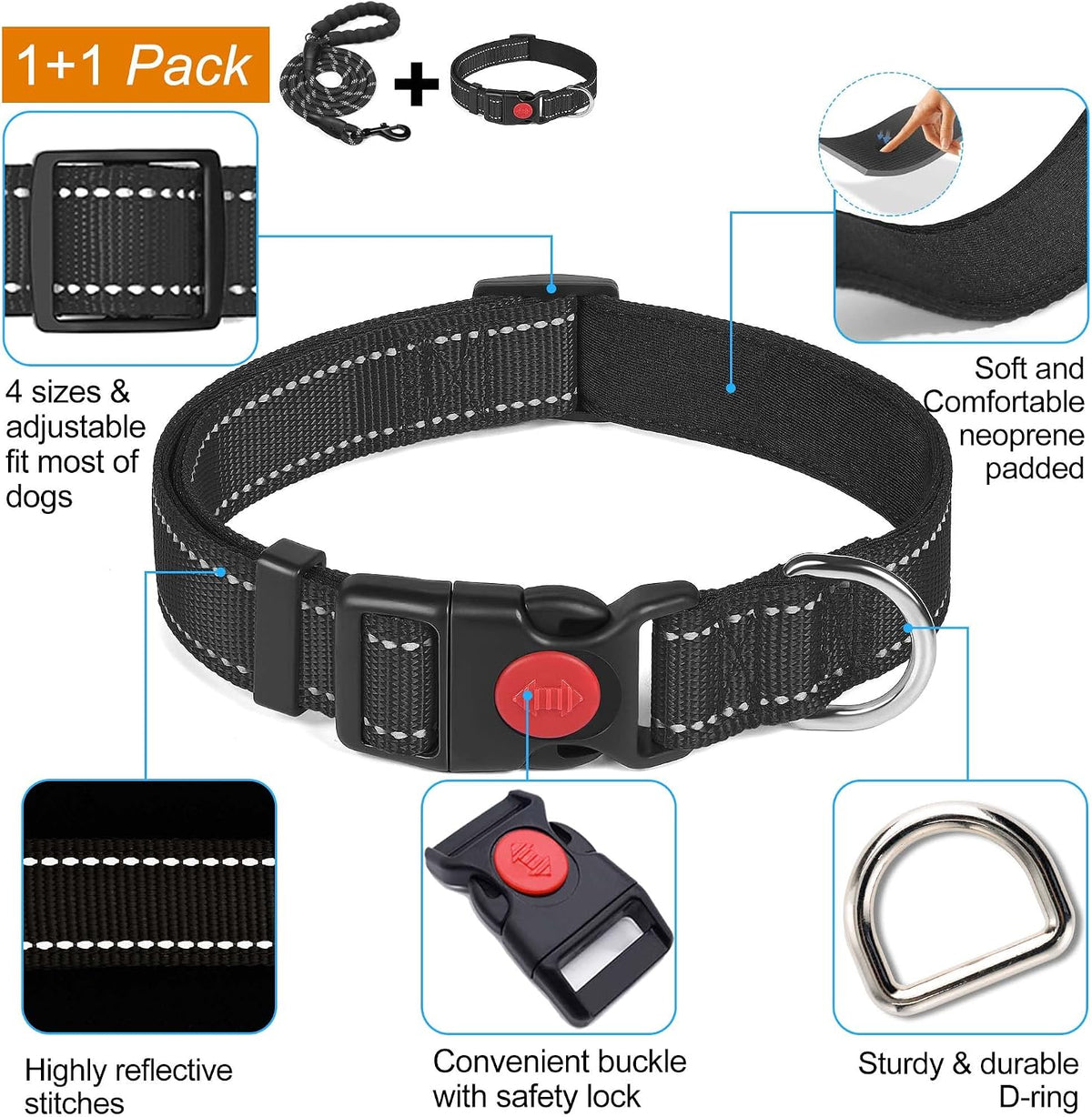 Reflective Dog Collar Padded with Soft Neoprene Breathable Adjustable Nylon Dog Collars for Small Medium Large Dogs