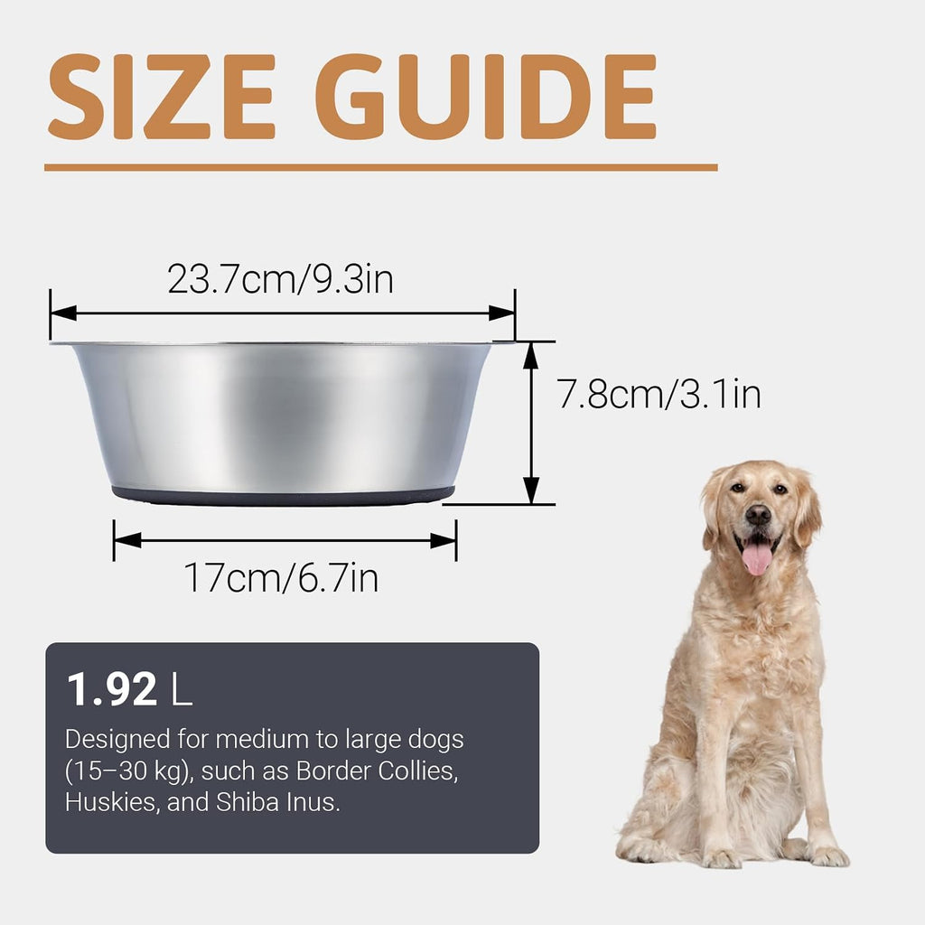 Deep Stainless Steel Dog Bowls, 1,920 Ml, 2-Pack, Nonslip Base