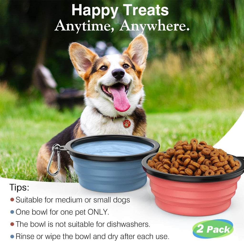 Collapsible Travel Dog Bowls 2 Pack with Lids & Carabiners Silicone