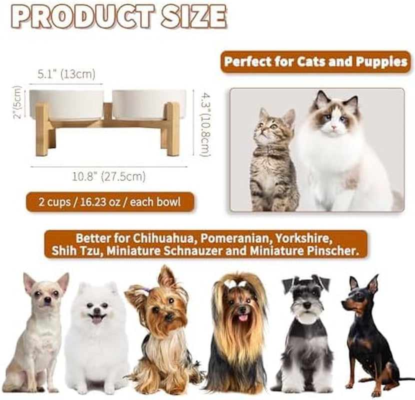 Elevated Ceramic Dog Bowl Set - Raised Dog Bowls with Non-Slip Bamboo Stand - Dog Food and Water Bowl Set - Double Dog Feeding Bowls - Pet Dishes for Cats and Small Dogs - 16.23 OZ - 2 CUPS - 480 ML