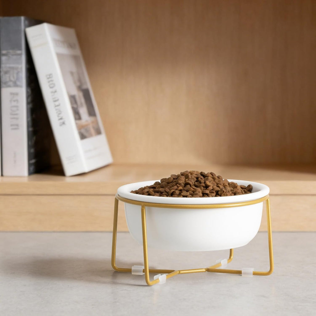 Elevated Ceramic Dog Bowl with Metal Stand - Raised Feeding Dish for Small Dogs and Cats - Ideal for Food or Water - Each Holds 400Ml / 2 Cups (Approx. 200G) - White