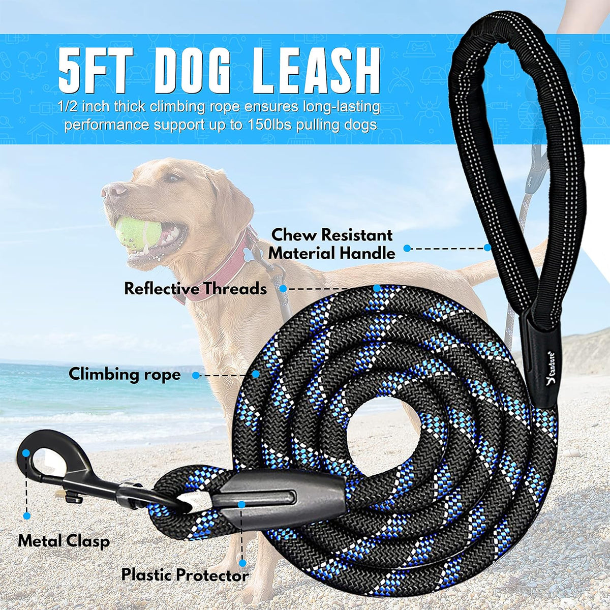 Dog Lead with Soft Padded and anti Slip Comfortable Rope Handle, 5 FT Strong Dog Leads, Highly Reflective Dog Leash for Puppy, Medium and Large Dogs