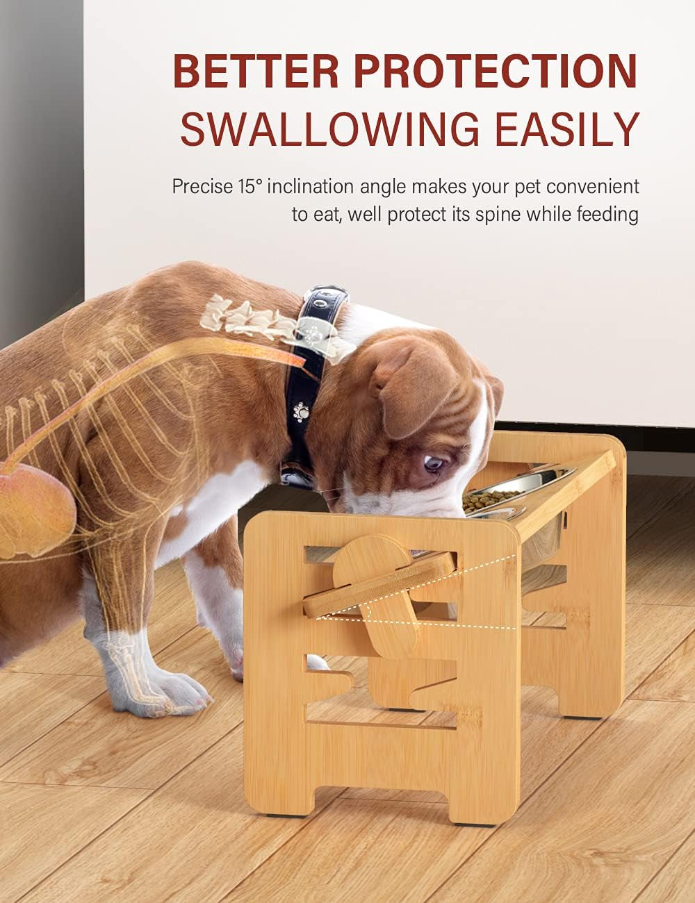 Elevated Dog Bowls for Small Dogs, Raised Dog Bowls with Stand, 6 Heights Adjustable Dog Bowls on Stands, Bamboo Dog Feeding Station with 2 Stainless Steel Bowls and Non-Slip Feet, 17Cm High