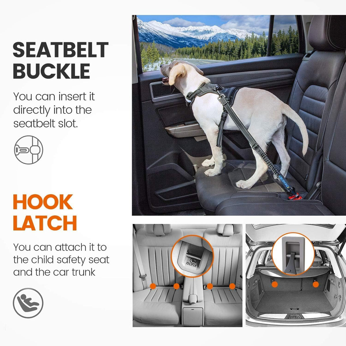 Dog Seatbelt, Aviation Aluminum Carabiner Nylon Dog Seat Belt, Adjustable Dog Car Harness, Pet Safety Belt with Hook Latch & Seatbelt Buckle