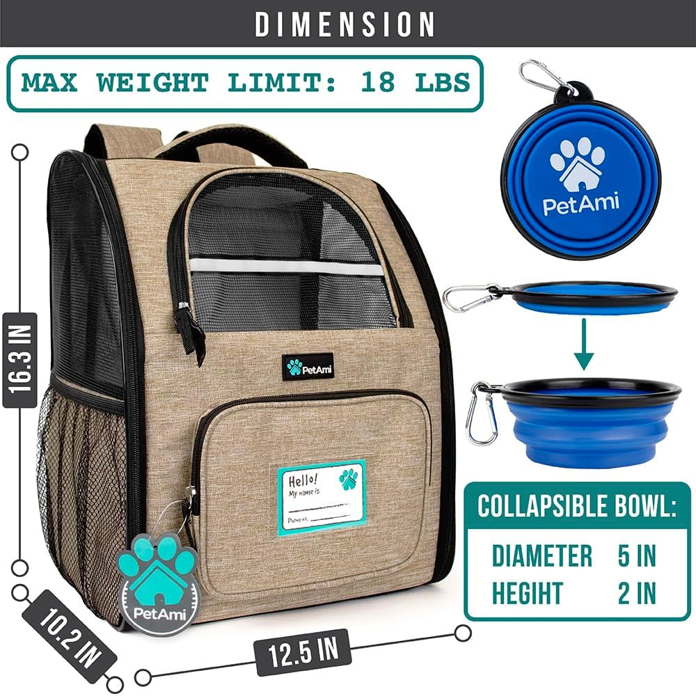 Dog Backpack Carrier for Small to Large Pets & Cats - Ventilated Pet Hiking Backpack Travel Bag, Airline & Camping/Biking Dog Bag, up to 18Lbs, Taupe