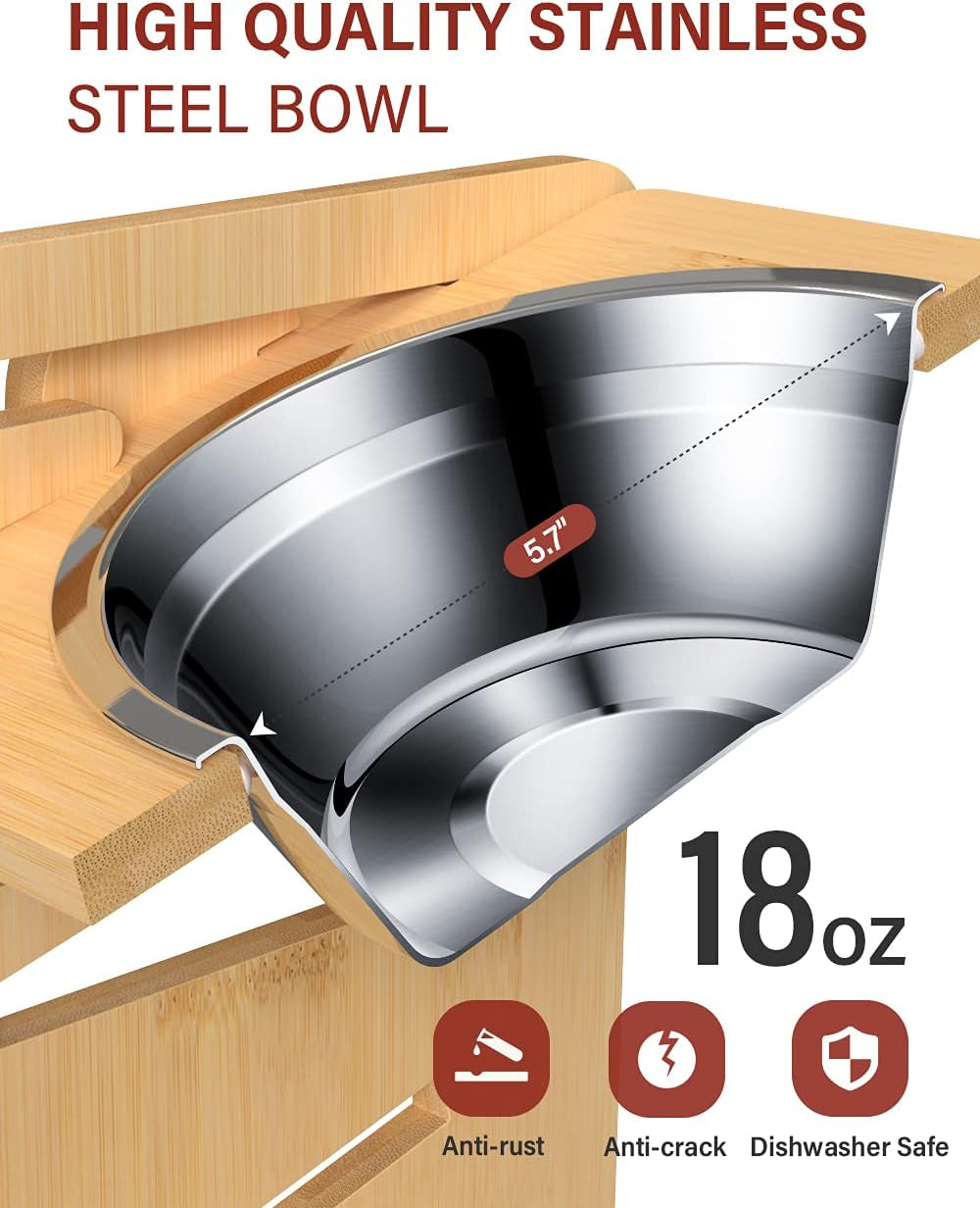 Elevated Dog Bowls for Small Dogs, Raised Dog Bowls with Stand, 6 Heights Adjustable Dog Bowls on Stands, Bamboo Dog Feeding Station with 2 Stainless Steel Bowls and Non-Slip Feet, 17Cm High