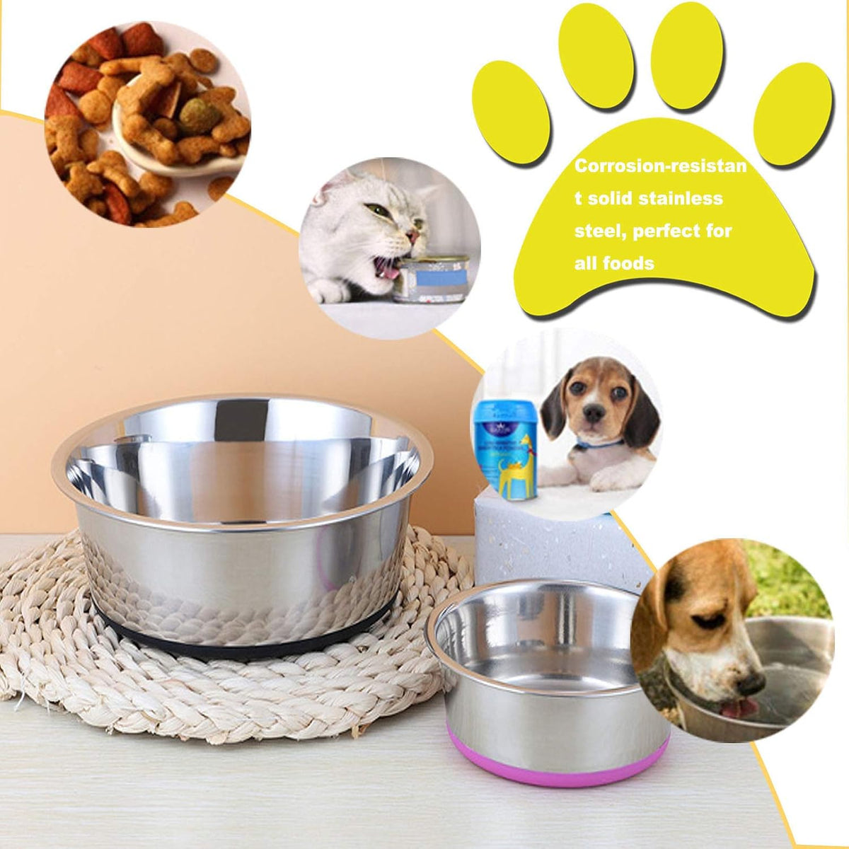 Stainless Steel Dog & Cat Plate Bowls, Non-Slip Silicone Bases - Small (S-14Cm) Feeder & Water Bowls