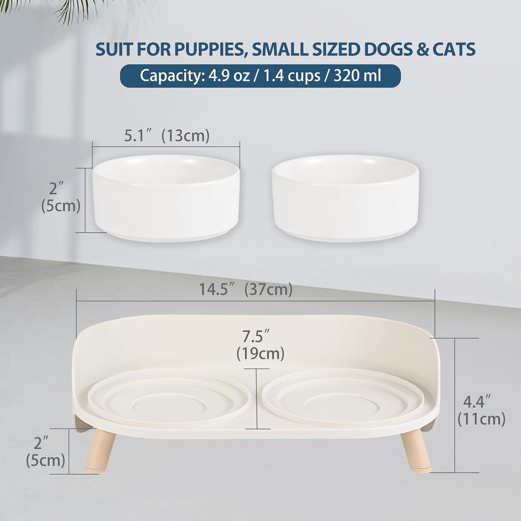 Raised Ceramic Cat Food Bowl Set - Elevated Dog Bowls with Non-Slip Stand - Tall Cat Dishes - 2 X 320 ML - 4.9 OZ - White