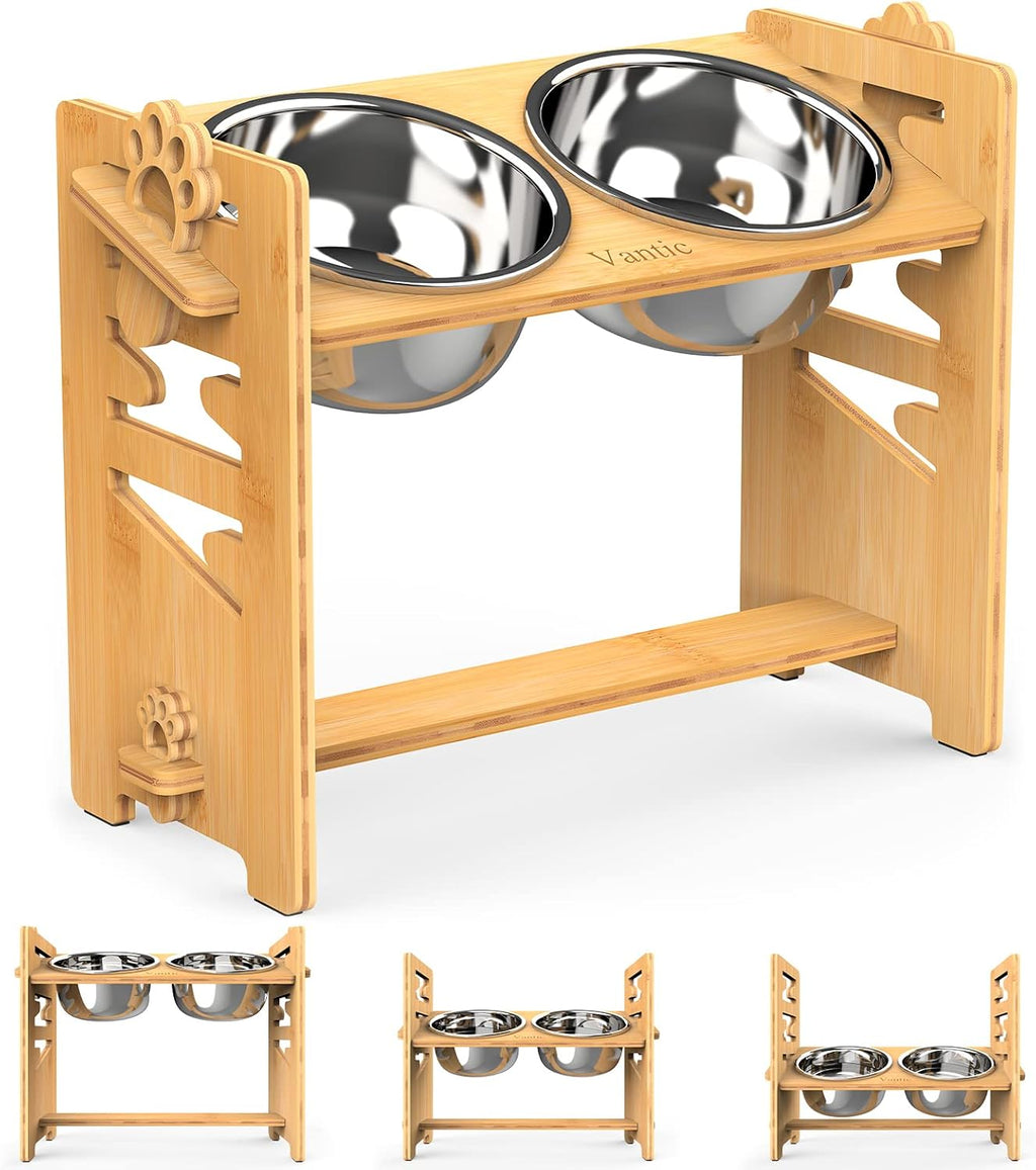 Raised Dog Bowls with Stand, Adjustable Bamboo Feeder, Large