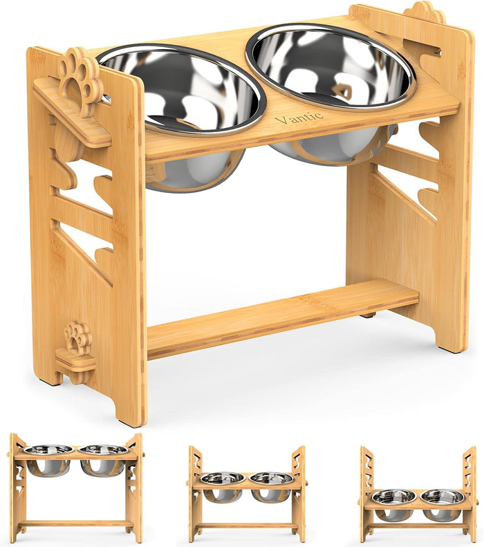 Raised Dog Bowls with Stand, Adjustable Bamboo Feeder, Large
