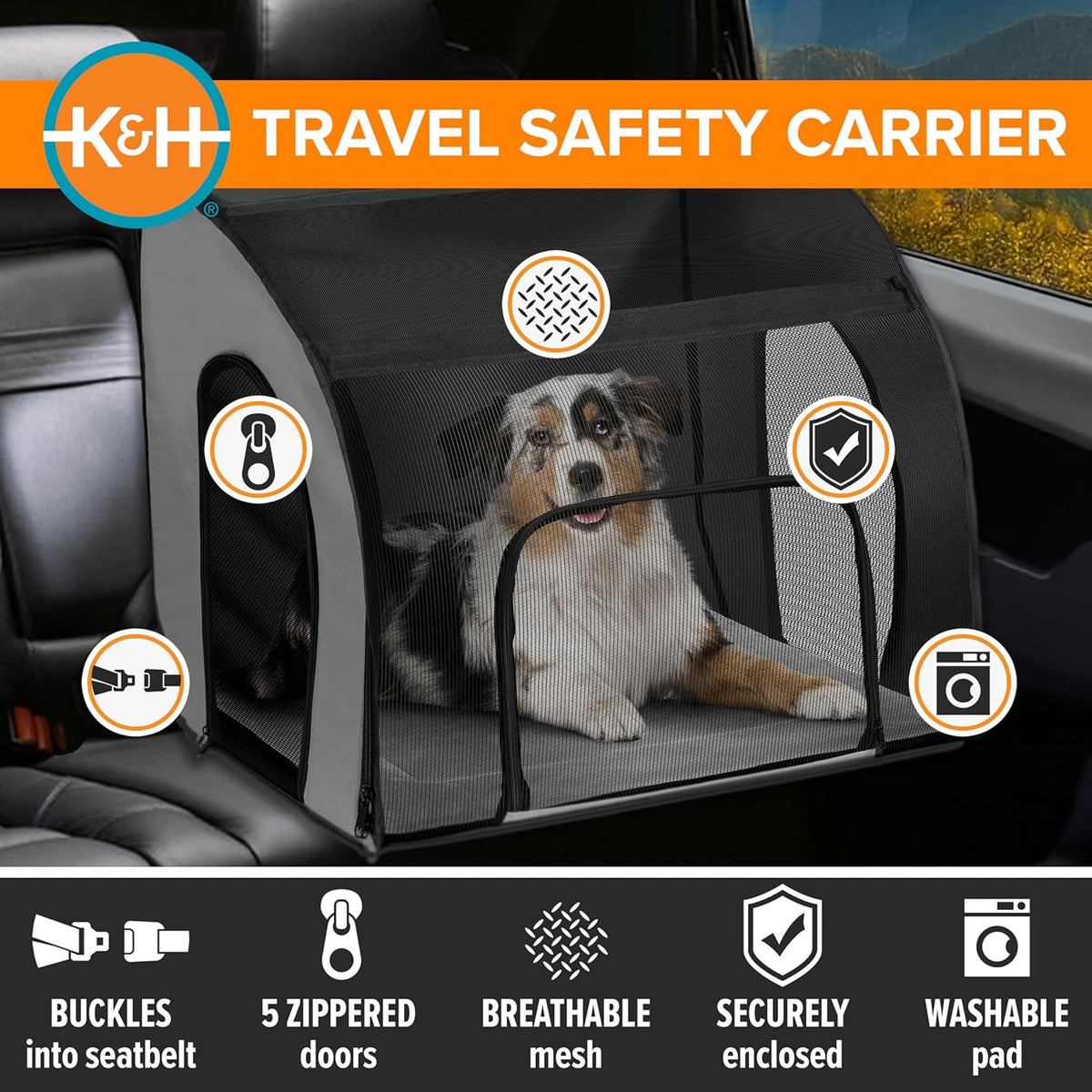 Pet Products Travel Safety Carrier for Pets, Dog Crate for Car Travel, Dog Soft-Sided Carrier for Large Dogs, Portable Car Seat Kennel, Gray/Black Large 29.5 X 22 X 25.5 Inches