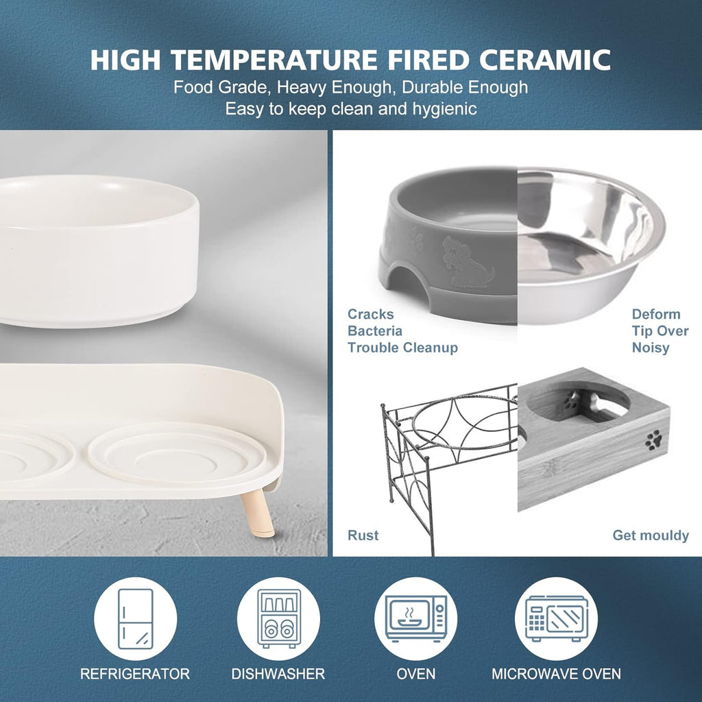 Raised Ceramic Cat Food Bowl Set - Elevated Dog Bowls with Non-Slip Stand - Tall Cat Dishes - 2 X 320 ML - 4.9 OZ - White