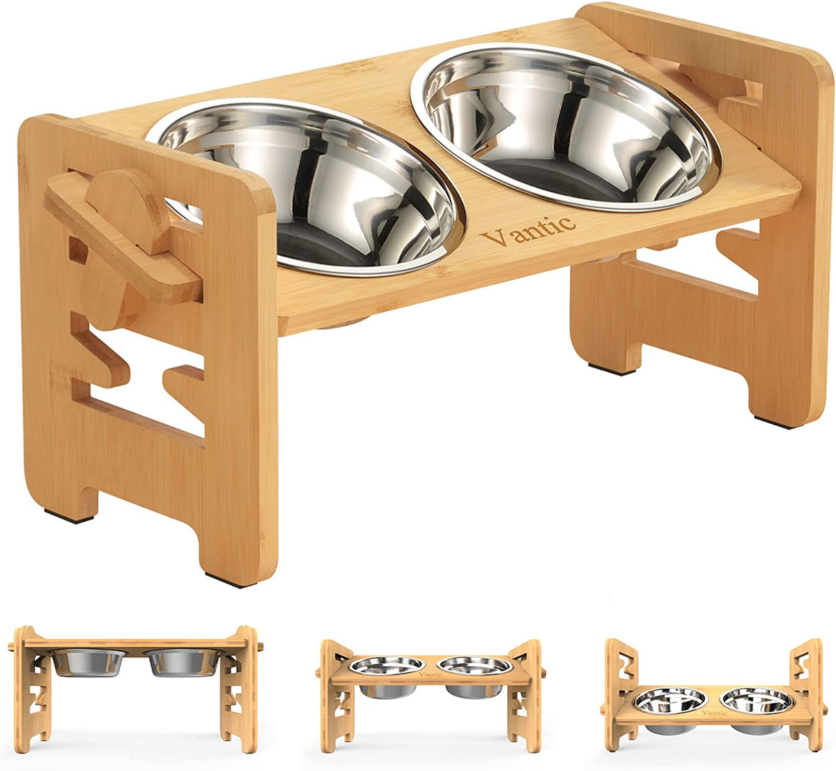 Elevated Dog Bowls for Small Dogs, Raised Dog Bowls with Stand, 6 Heights Adjustable Dog Bowls on Stands, Bamboo Dog Feeding Station with 2 Stainless Steel Bowls and Non-Slip Feet, 17Cm High