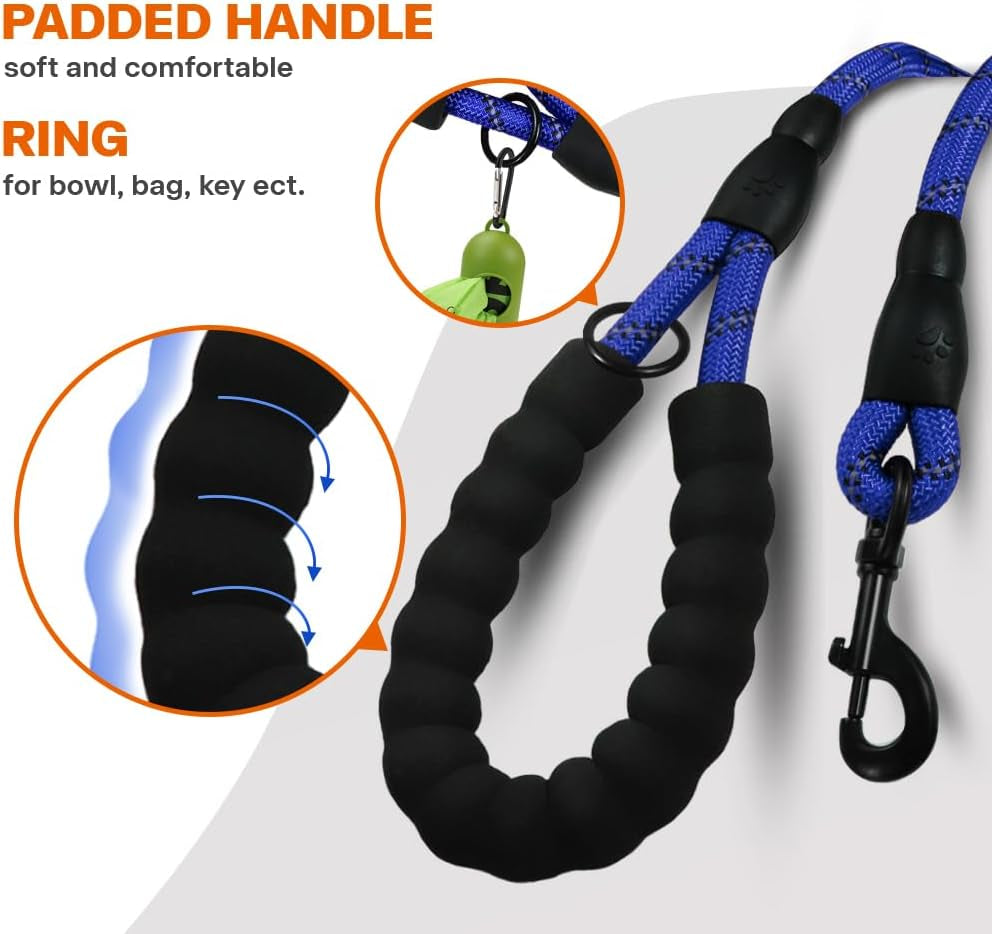 Rope Dog Lead with Soft Padded Handle – Reflective Rock Climbing Rope Lead for Medium and Large Dogs 120 Cm 1.2 Cm Royal Blue