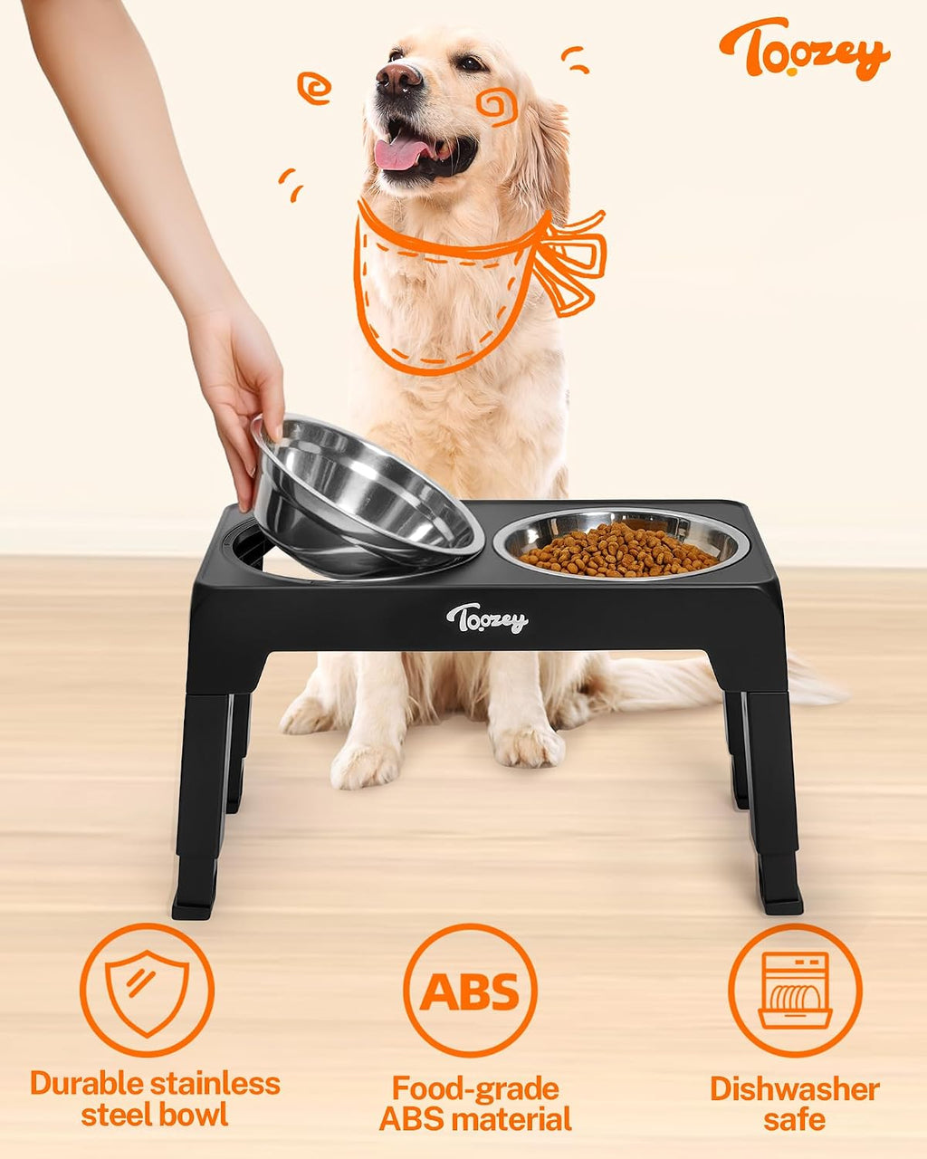 Raised Dog Bowl Height-Adjustable, Elevated Dog Bowls with 2X 1200Ml Stainless Steel Bowls, for Small Medium & Large Dogs, Non-Slip and No Spill, Black