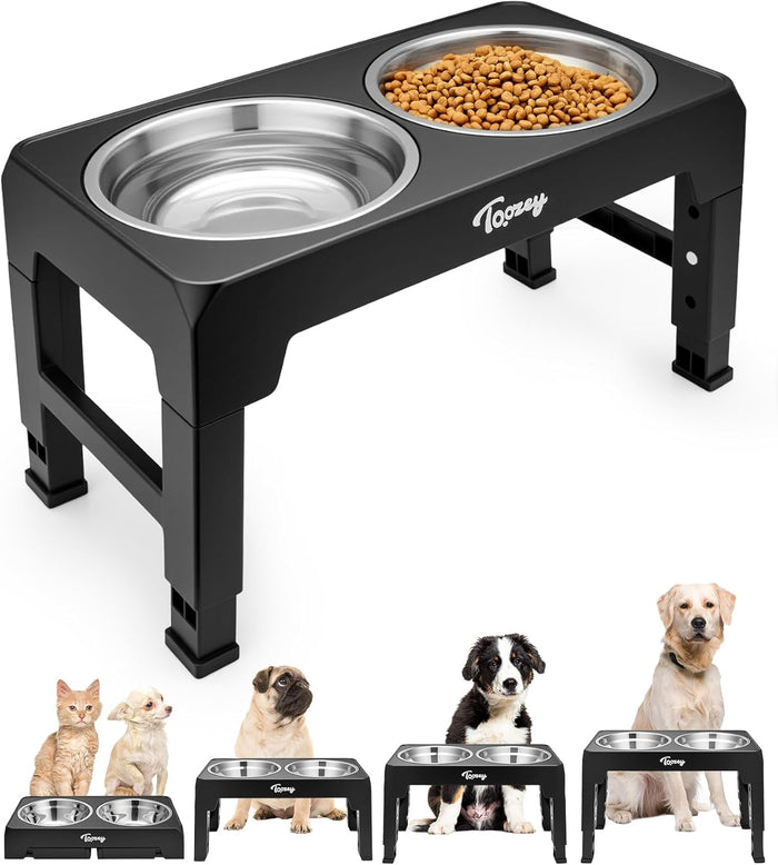 Raised Dog Bowl Height-Adjustable, Elevated Dog Bowls with 2X 1200Ml Stainless Steel Bowls, for Small Medium & Large Dogs, Non-Slip and No Spill, Black