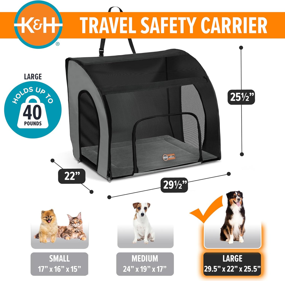 Pet Products Travel Safety Carrier for Pets, Dog Crate for Car Travel, Dog Soft-Sided Carrier for Large Dogs, Portable Car Seat Kennel, Gray/Black Large 29.5 X 22 X 25.5 Inches