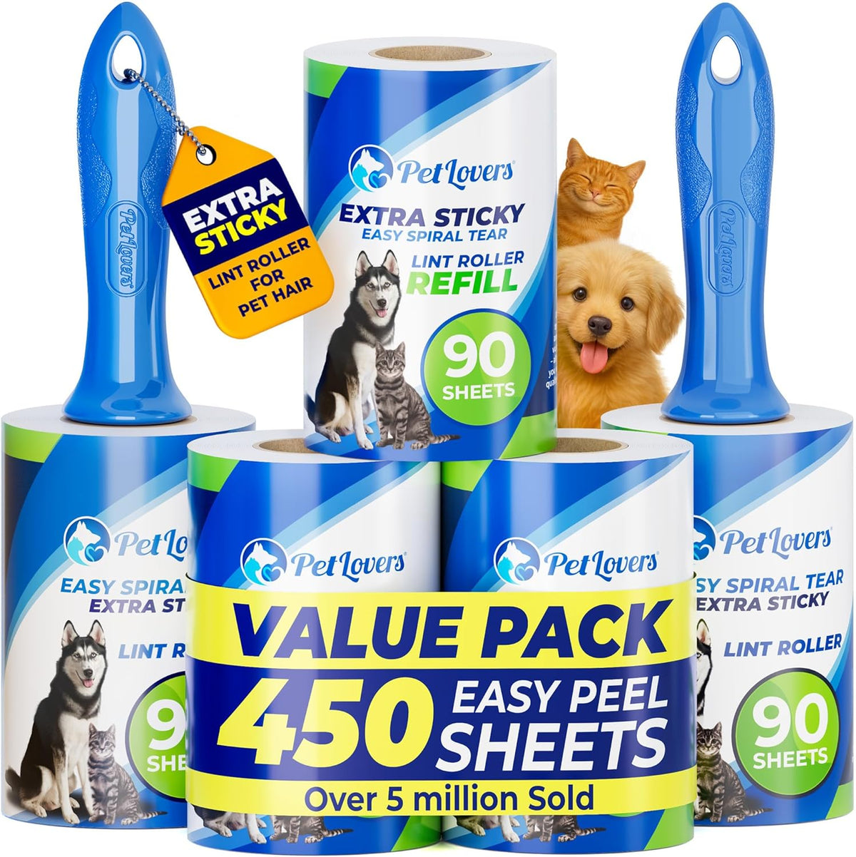 Extra Sticky Lint Roller Mega Value Set 450 Sheets for Pet Hair Removal Dog and Cat Lint Remover 5 Pack