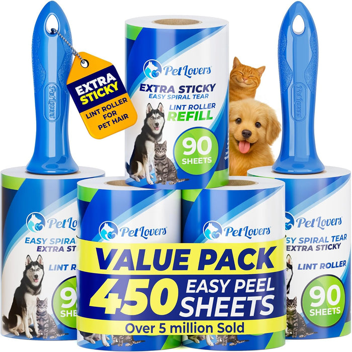 Extra Sticky Lint Roller Mega Value Set 450 Sheets for Pet Hair Removal Dog and Cat Lint Remover 5 Pack