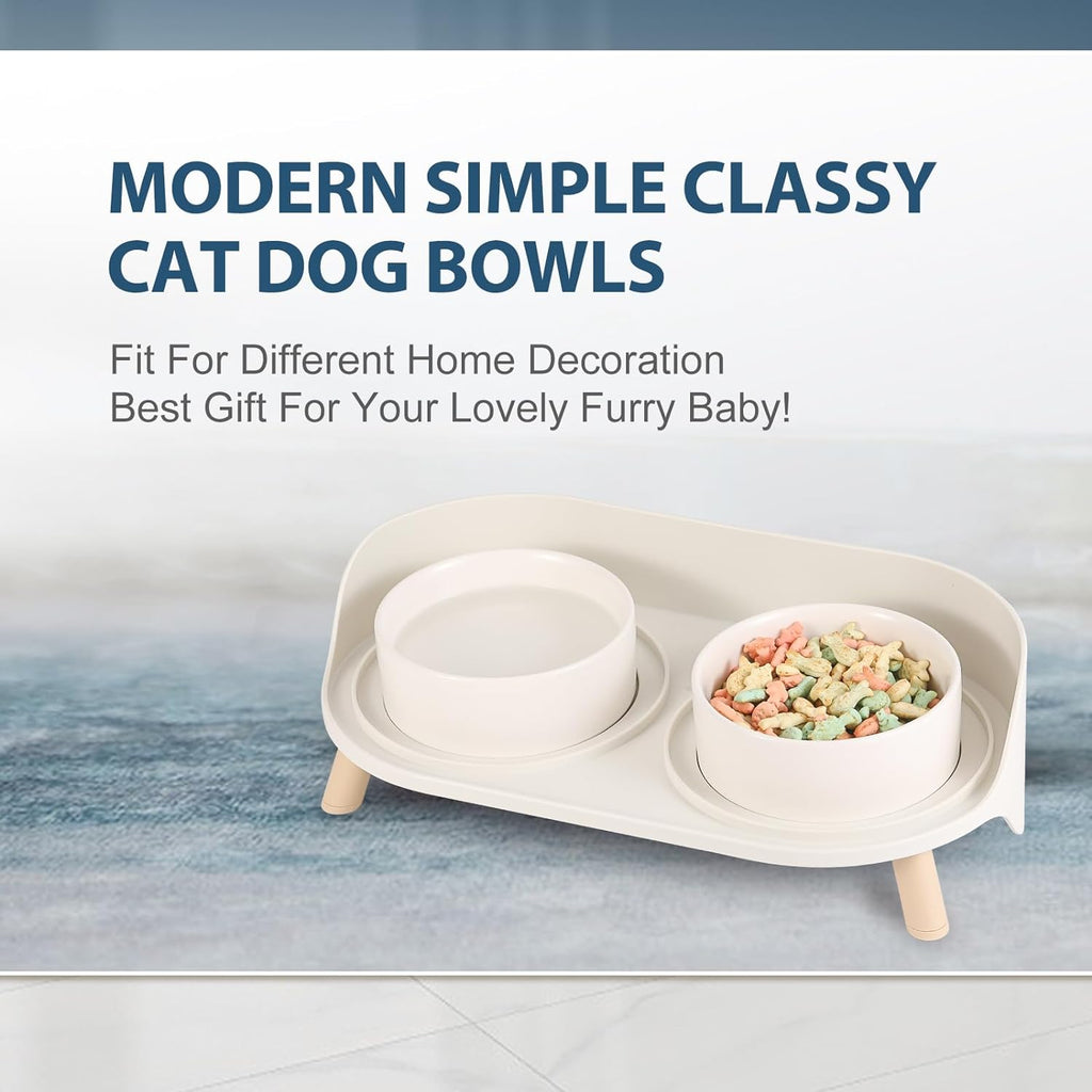 Raised Ceramic Cat Food Bowl Set - Elevated Dog Bowls with Non-Slip Stand - Tall Cat Dishes - 2 X 320 ML - 4.9 OZ - White