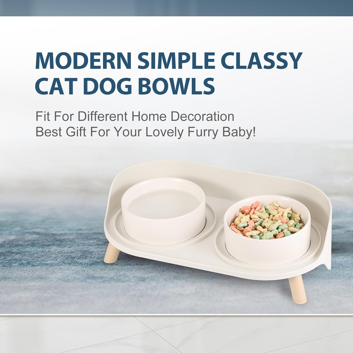 Raised Ceramic Cat Food Bowl Set - Elevated Dog Bowls with Non-Slip Stand - Tall Cat Dishes - 2 X 320 ML - 4.9 OZ - White