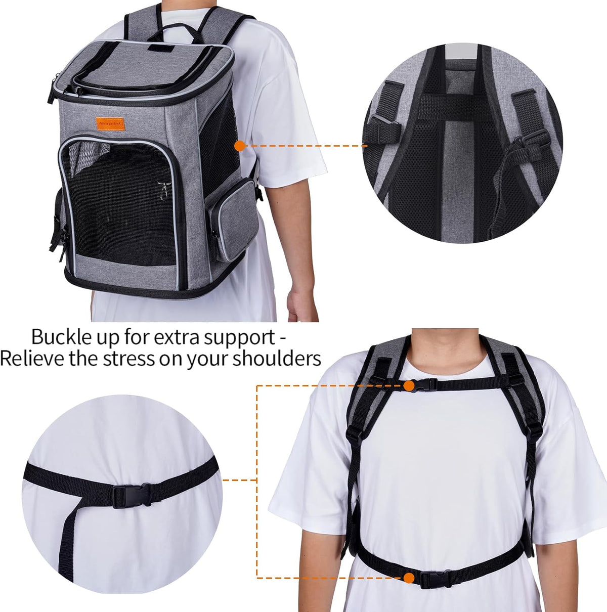 Cat Backpack Dog Backpack for Cats and Small Dogs 7 Kg, Foldable Pet Backpack with Inner Safety Lead and Shell Lightgrey