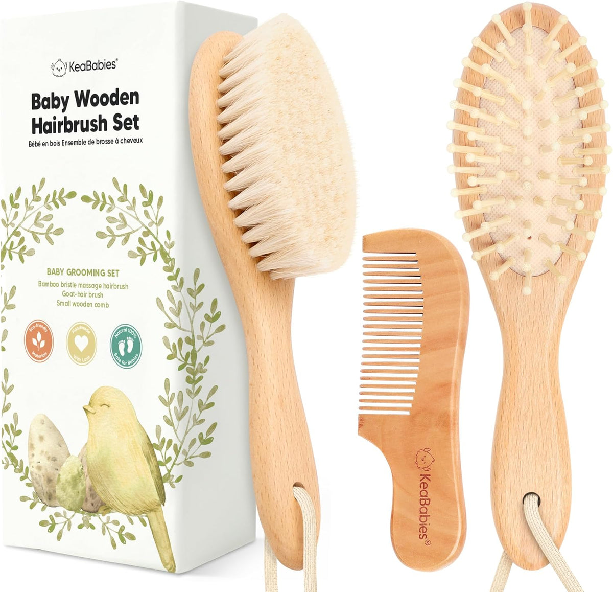 Baby Hair Brush and Comb Set for Newborn - Wooden with Soft Goat Bristle, Newborns Girl, Boy, Toddler Cradle Cap (Oval, Walnut)