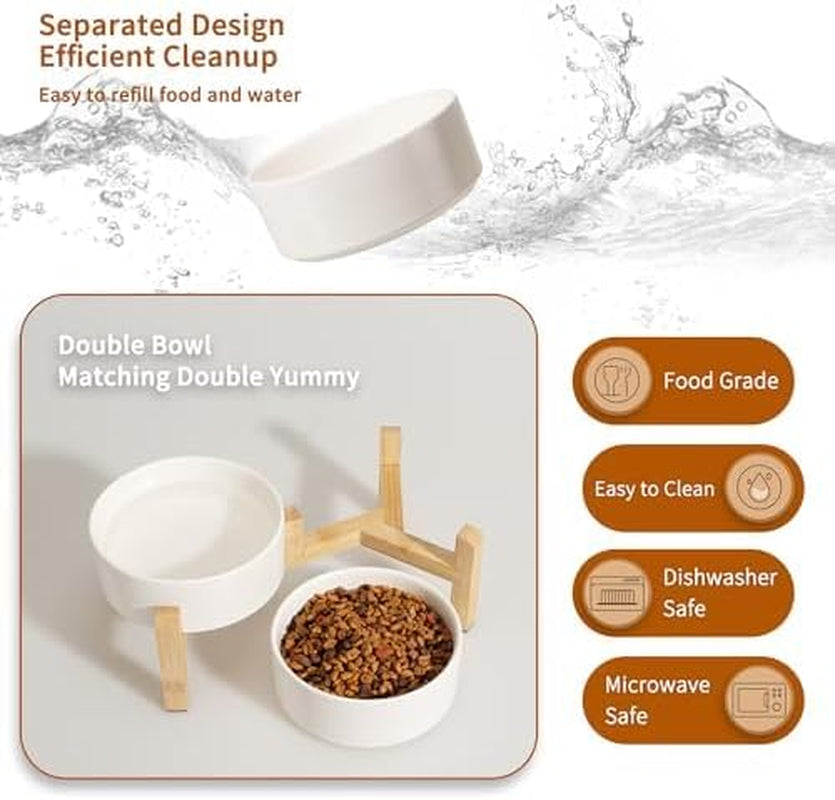 Elevated Ceramic Dog Bowl Set - Raised Dog Bowls with Non-Slip Bamboo Stand - Dog Food and Water Bowl Set - Double Dog Feeding Bowls - Pet Dishes for Cats and Small Dogs - 16.23 OZ - 2 CUPS - 480 ML