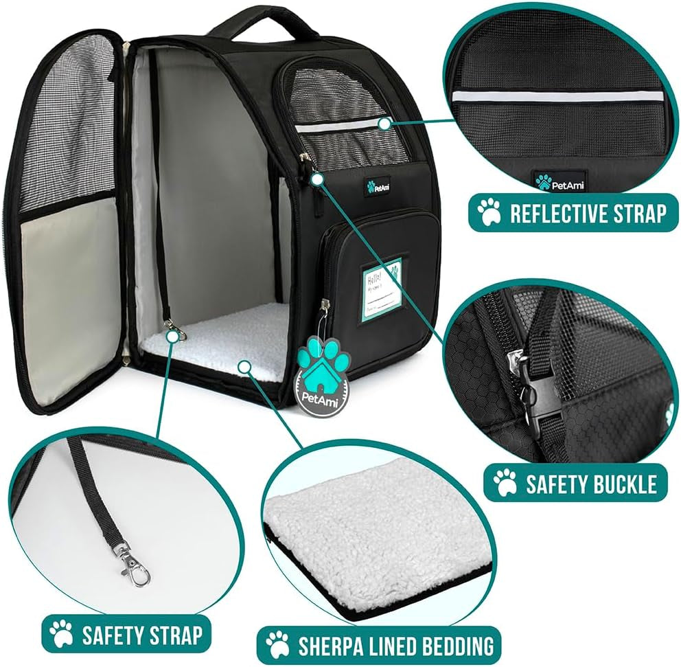 Dog Backpack Carrier for Small Large Cat, Pet, Puppies, Ventilated Pet Hiking Backpack Travel Bag, Airline Approved Cat Backpack Carrier, Safety Back Support, Camping Biking Dog Bag, Black