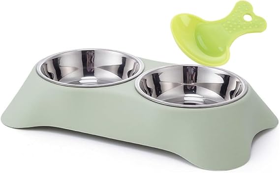 Double Dog Bowl for Dogs – Non-Slip Stainless Steel Food & Water Bowls, Small, Green