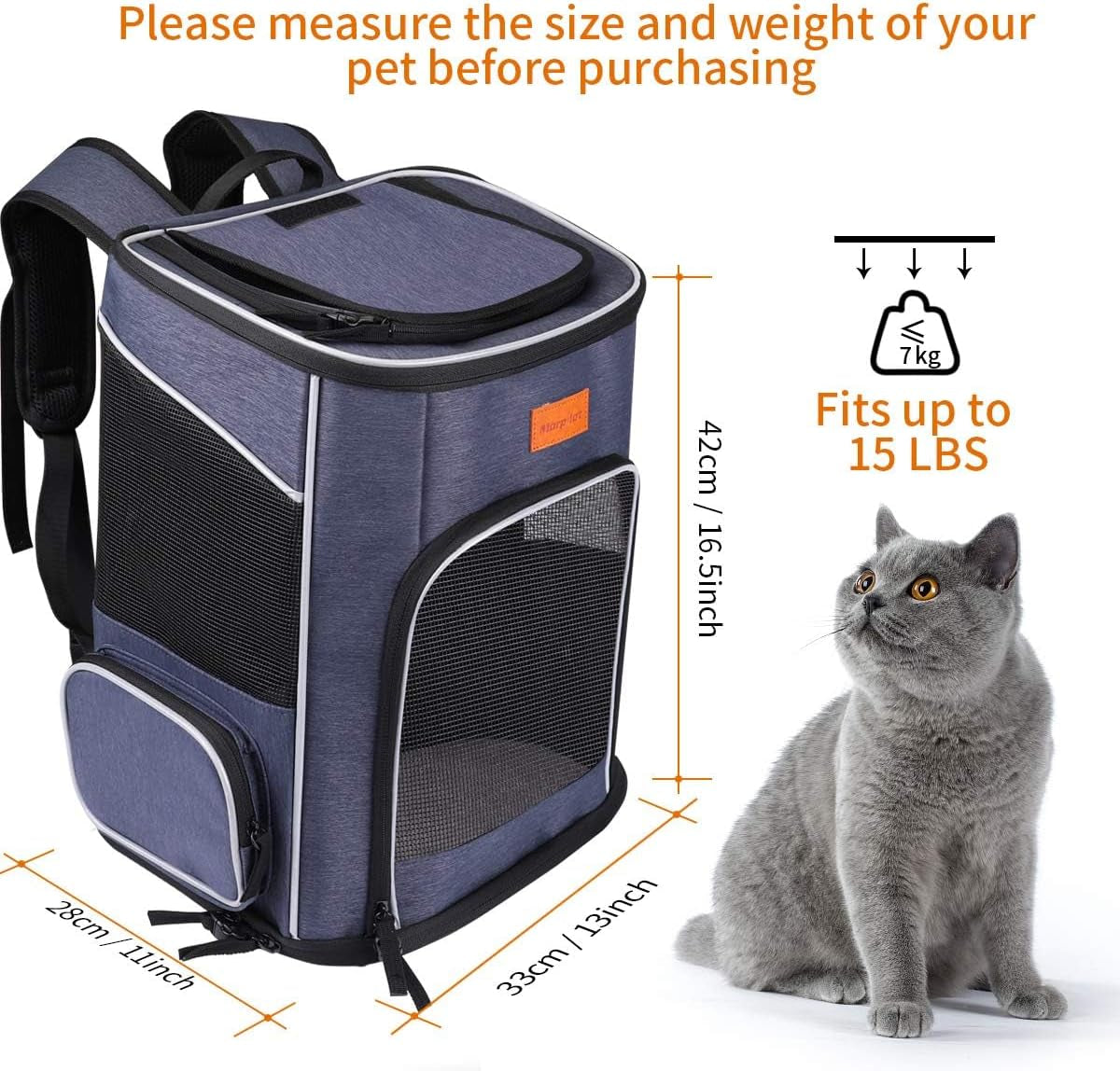 Cat Backpack Dog Backpack for Cats and Small Dogs 7 Kg, Foldable Pet Backpack with Inner Safety Lead and Shell