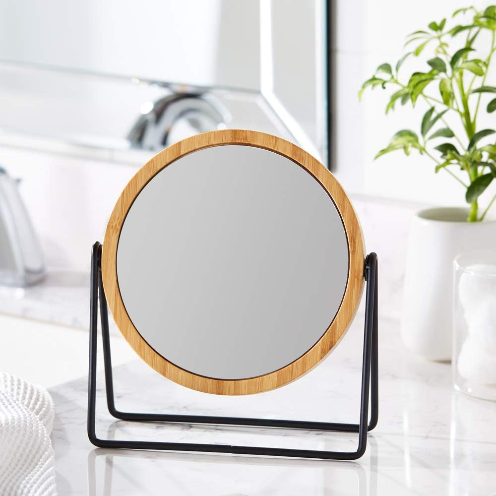 round Tabletop Mount Dressing Table Mirror with Silver and Bamboo Rim-1X/5X Magnification, 18.3 X 7.3 X 20.7 Cm