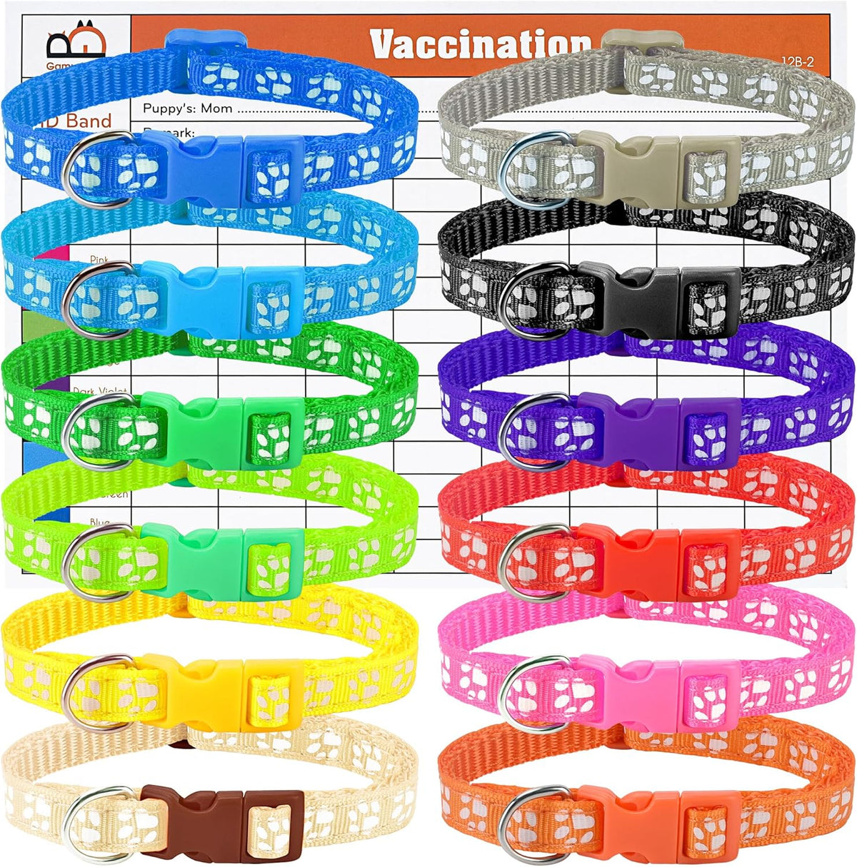 Puppy Whelping Collar Set, Soft Nylon Adjustable ID Bands with Paw Print Pattern, 12 Colors, Safety Buckle, Record Charts Included, S-M Sizes (M, Footprint)